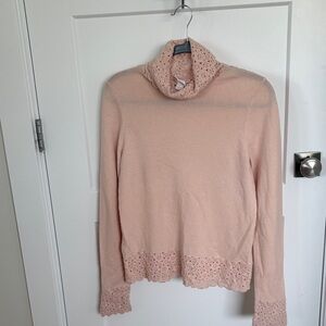 Lace-Trimmed Pink Cashmere Vintage Turtleneck Sweater